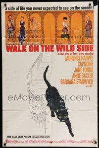 7p935 WALK ON THE WILD SIDE 1sh '62 cool artwork of black cat on stairs & sexy stars on balcony!