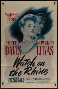 7p945 WATCH ON THE RHINE 1sh '43 Bette Davis & Paul Lukas, by Dashiell Hammett & Lillian Hellman!