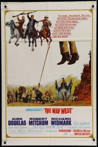 7p948 WAY WEST style B 1sh '67 Kirk Douglas, Robert Mitchum, Widmark, art of frontier justice!