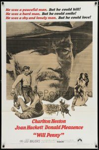 7p971 WILL PENNY 1sh '68 close up of cowboy Charlton Heston, Joan Hackett, Donald Pleasance!