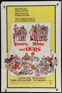 7p996 YOURS, MINE & OURS 1sh '68 art of Henry Fonda, Lucy Ball & their 18 kids by Frank Frazetta!