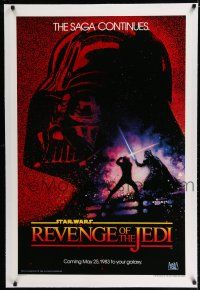 7r051 RETURN OF THE JEDI linen dated teaser 1sh '83 Revenge of the Jedi with Drew Struzan art!