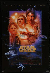 7r027 STAR WARS DS style B advance 1sh R97 George Lucas, art of Luke, Leia & Han by Drew Struzan!