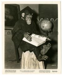 7s109 BONZO GOES TO COLLEGE 8.25x10 still '52 wacky chimp in cap & gown reading book by globe!