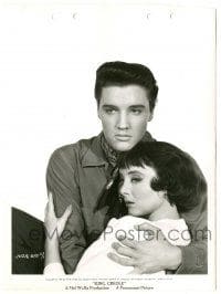 7s475 KING CREOLE 8x11 key book still '58 c/u of Elvis Presley holding pretty Carolyn Jones!