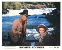 7s021 ROOSTER COGBURN 8x10 mini LC #1 '75 John Wayne & Katharine Hepburn on raft in river!