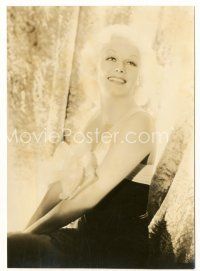 7s432 JEAN HARLOW 6.25x8.75 still '30s seated smiling portrait with really platinum blonde hair!