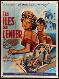 7t624 HELL'S ISLAND French 1p R50s different art of John Payne & sexy Mary Murphy on boat!