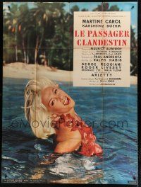 7t844 STOWAWAY French 1p '58 c/u of sexiest Martine Carol with lei swimming in ocean!