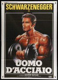 7t387 PUMPING IRON Italian 1p '86 best Enzo Sciotti art of Arnold Schwarzenegger lifting weights!