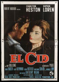 7t271 EL CID Italian 2p '61 different art of Charlton Heston close up with sexy Sophia Loren!