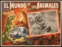 7t204 ANIMAL WORLD Mexican LC '56 great image of battling dinosaurs & art of erupting volcano!