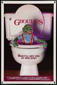 7w226 GHOULIES 1sh '85 wacky horror image of goblin in toilet, they'll get you in the end!