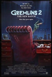 7w250 GREMLINS 2 advance DS 1sh '90 great Winters artwork of Gremlin in executive chair!