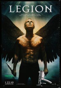 7w382 LEGION teaser DS 1sh '09 image of tattooed Paul Bettany w/angel wings, H&K SP89 & knife!