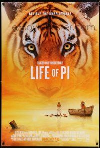 7w393 LIFE OF PI style B int'l advance DS 1sh '12 great image of Suraj Sharma in title role w/ tiger