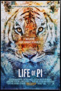 7w394 LIFE OF PI style C int'l advance DS 1sh '12 Suraj Sharma, Irrfan Khan, collage image of tiger