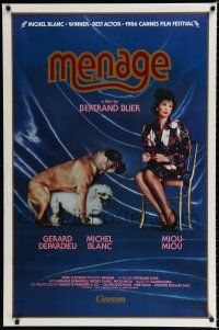7w453 MENAGE 1sh '86 Tenue de Soiree, really outrageous image of Miou-Miou sitting with dogs!