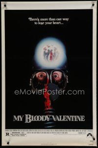 7w485 MY BLOODY VALENTINE 1sh '81 bloody gas mask, there's more than one way to lose your heart!