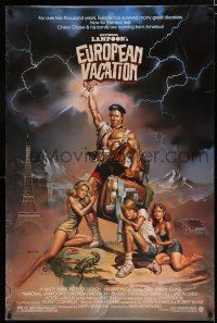 7w495 NATIONAL LAMPOON'S EUROPEAN VACATION 1sh '85 Vallejo art of Chevy Chase, Beverly D'Angelo!