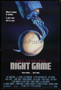 7w499 NIGHT GAME 1sh '89 Roy Schneider, Karen Young, wild art of hook hand & baseball!