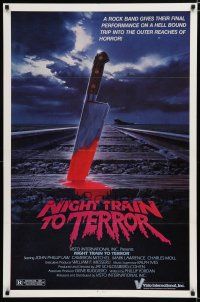 7w502 NIGHT TRAIN TO TERROR 1sh '84 cool horror art of bloddy knife stuck in train tracks!