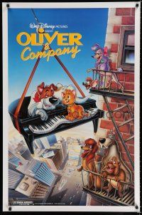 7w522 OLIVER & COMPANY 1sh '88 great image of Walt Disney cats & dogs in New York City!