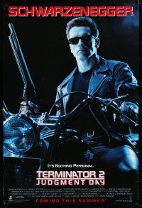 7w752 TERMINATOR 2 advance DS 1sh '91 Arnold Schwarzenegger on motorcycle w/shotgun!
