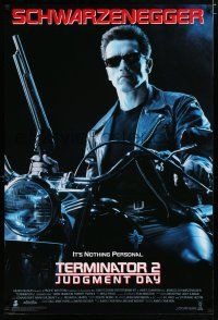 7w753 TERMINATOR 2 int'l 1sh '91 James Cameron, Arnold Schwarzenegger on motorcycle with shotgun!