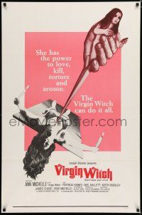 7w811 VIRGIN WITCH int'l 1sh '72 Ann Michelle occult horror, wild image of girl to be sacrificed!