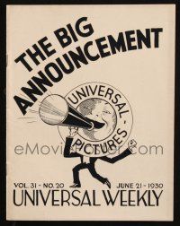 7x064 UNIVERSAL WEEKLY exhibitor magazine June 21, 1930 special issue with art for all releases!