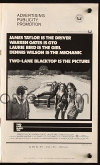 7x875 TWO-LANE BLACKTOP pressbook '71 James Taylor is the driver, Warren Oates is GTO, Laurie Bird