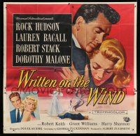 7y129 WRITTEN ON THE WIND 6sh '56 Brown art of sexy Lauren Bacall with Rock Hudson & Robert Stack!