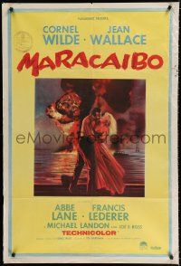 7y220 MARACAIBO Argentinean '58 romantic art of Cornel Wilde & Jean Wallace in front of explosion!