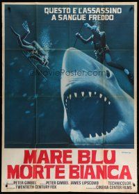7y504 BLUE WATER, WHITE DEATH Italian 1p '72 art of blue shark & divers by Fiorenzi!