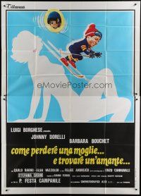 7y358 HOW TO LOSE A WIFE & FIND A LOVER Italian 2p '78 wacky art of guy skiing on naked woman!