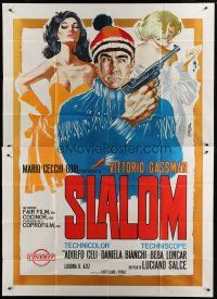 7y429 SLALOM Italian 2p '65 Symeoni art of ski spy Vittorio Gassman with gun & sexy ladies!