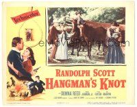 7z420 HANGMAN'S KNOT LC '52 cool image of Randolph Scott romancing Donna Reed as cast looks on!