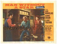 7z599 MAN WITHOUT A STAR LC #6 '55 cowboy Kirk Douglas pointing gun, Jeanne Crain