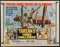 8b346 TARZAN'S THREE CHALLENGES 1/2sh '63 Edgar Rice Burroughs, artwork of bound Jock Mahoney!