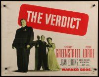 8b384 VERDICT style A 1/2sh '46 Peter Lorre w/gun, Sydney Greenstreet, Joan Lorring, Don Siegel