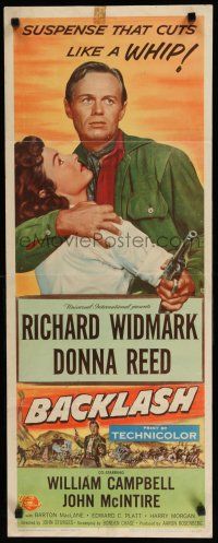 8b435 BACKLASH insert '56 Richard Widmark holds Donna Reed, suspense that cuts like a whip!