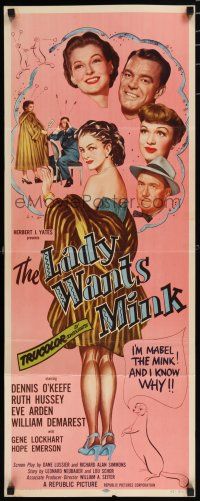 8b621 LADY WANTS MINK insert '52 art of Dennis O'Keefe, Ruth Hussey, Eve Arden & Mabel the Mink!