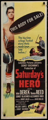 8b751 SATURDAY'S HERO insert '51 barechested football player John Derek and his body is for sale!