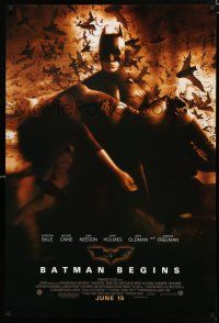 8c082 BATMAN BEGINS June 15 advance DS 1sh '05 Bale as Caped Crusader carrying Katie Holmes!