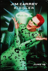 8c087 BATMAN FOREVER advance 1sh '95 cool image of Jim Carrey as The Riddler!