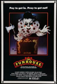 8c294 FUNHOUSE 1sh '81 Tobe Hooper, creepy carnival clown jack-in-the-box with axe horror image!