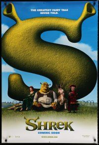 8c675 SHREK int'l teaser DS 1sh '01 great image of top cast sitting in front of giant S!