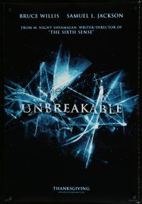 8c796 UNBREAKABLE teaser DS 1sh '00 M. Night Shyamalan directed, Bruce Willis, Samuel L. Jackson!