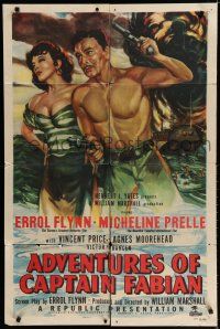 8e015 ADVENTURES OF CAPTAIN FABIAN 1sh '51 art of barechested Errol Flynn & sexy Micheline Presle!